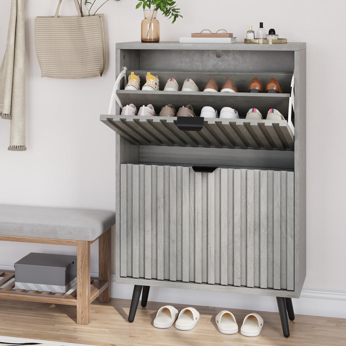 Smuxee Shoe Cabinet with 2 Flip Drawers, 23.6" Grey Hidden Shoe Storage Cabinet with Fluted Design, Freestanding Shoe Organizer Cabinet for Entryway, Hallway, Living Room, Closet Smuxee