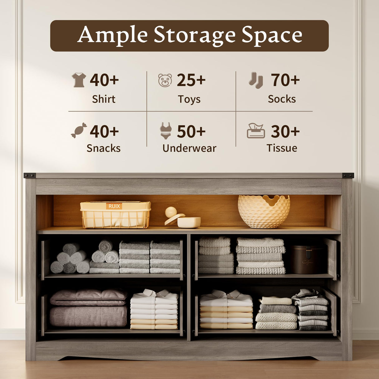 Dresser for Bedroom with 4 Drawers, Farmhouse Chest of Drawers with Natural Texture and LED Lights, Wide Wood Rustic Closet Storage Organizer, Modern Dresser TV Stand for Living Room, Entryway, Grey Xixini