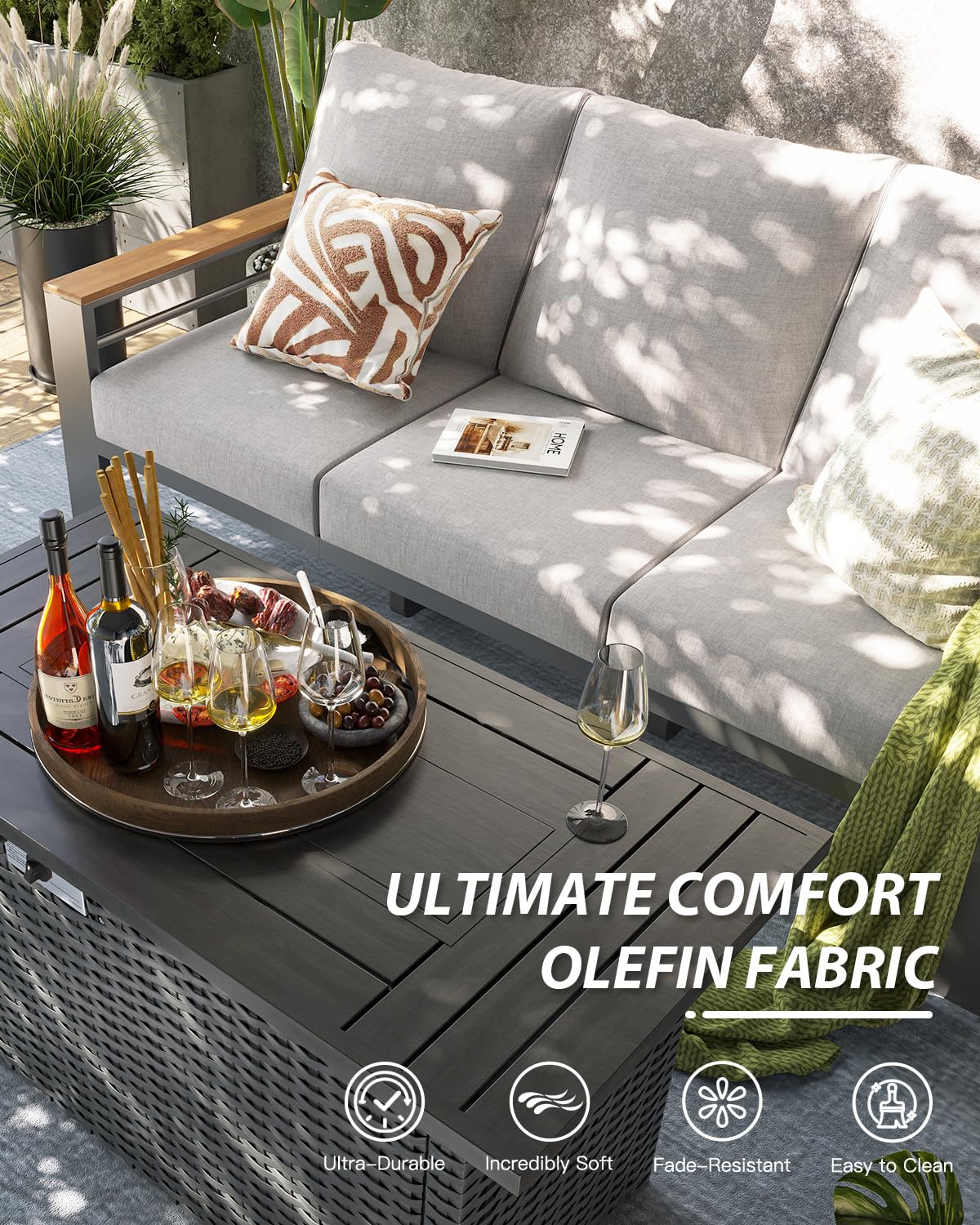 Aoxun Aluminum Outdoor Patio Furniture Set, 8-piece Outdoor Sectional with 44'' Propane Gas Firepit Table, Patio Conversation Sets with Upgraded Armrests and Cushions for Backyard, Garden and Poolside Aoxun