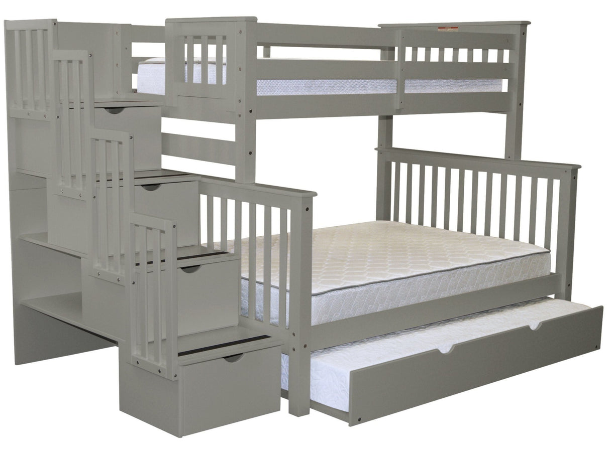 Bedz King Stairway Bunk Beds Twin over Full with 4 Drawers in the Steps and a Twin Trundle, Gray Bedz King
