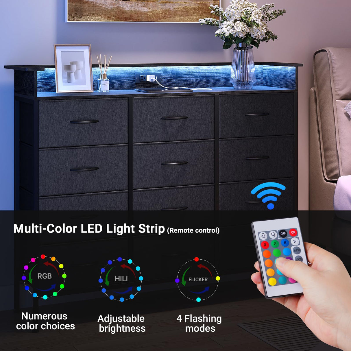 ELYKEN 50”W Black Dresser for Bedroom, Tall Dresser with 12 Drawers and Charging Station, Fabric Chest of Drawers with PU Finish Storage Drawers for Entryway Closet Living Room Hallway ELYKEN