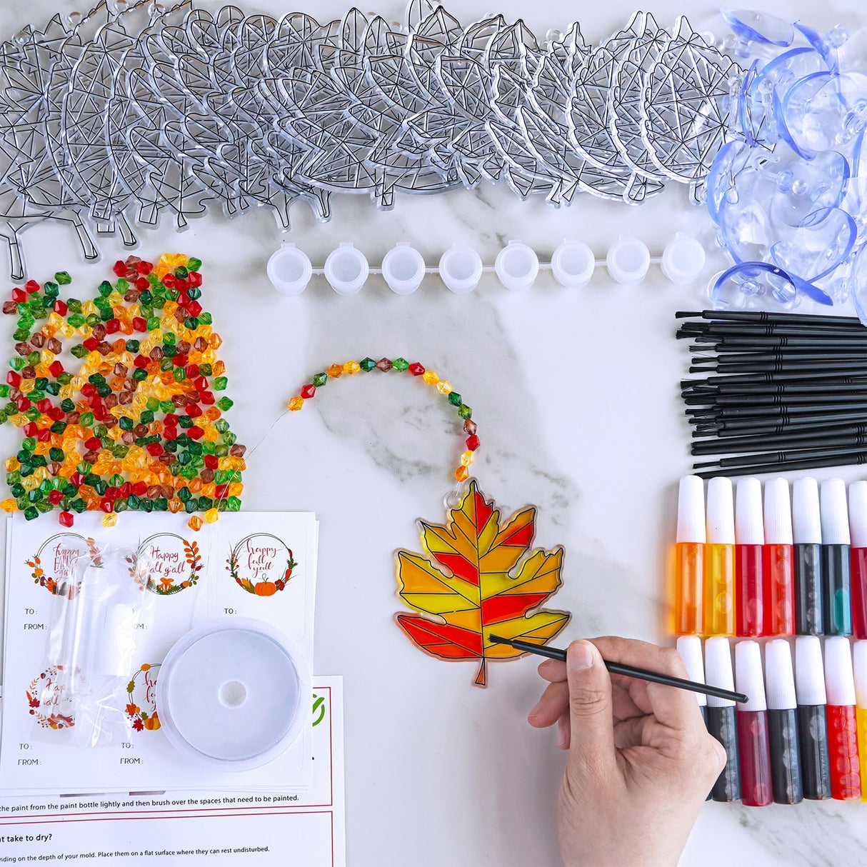Winlyn 24 Sets Fall Leaf Suncatchers Ornaments Decorations DIY Window Paint Art Suncatchers Craft Kits Autumn Maple Leaf Sun Catchers for Kids Classroom Thanksgiving Harvest Party Art Project Winlyn
