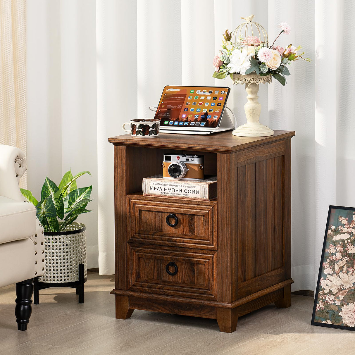 Joaxswe 18" Farmhouse Night Stand with Charging Station, 2 Drawers End Table Dresser for Bedroom, Brown Wooden Nightstand, Bed Side Table with Open Shelf, Bedside Cabinet for Living Room, Closet Joaxswe