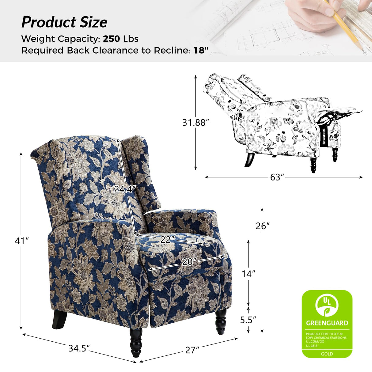 Upholstered Wingback Recliner Chair, Traditional Push Back Recliner Sofa, Mid Century Modern Lounge Armchair for Living Room, Home Theater Accent Chairs Recliners Couches (Garden) TINA'S HOME