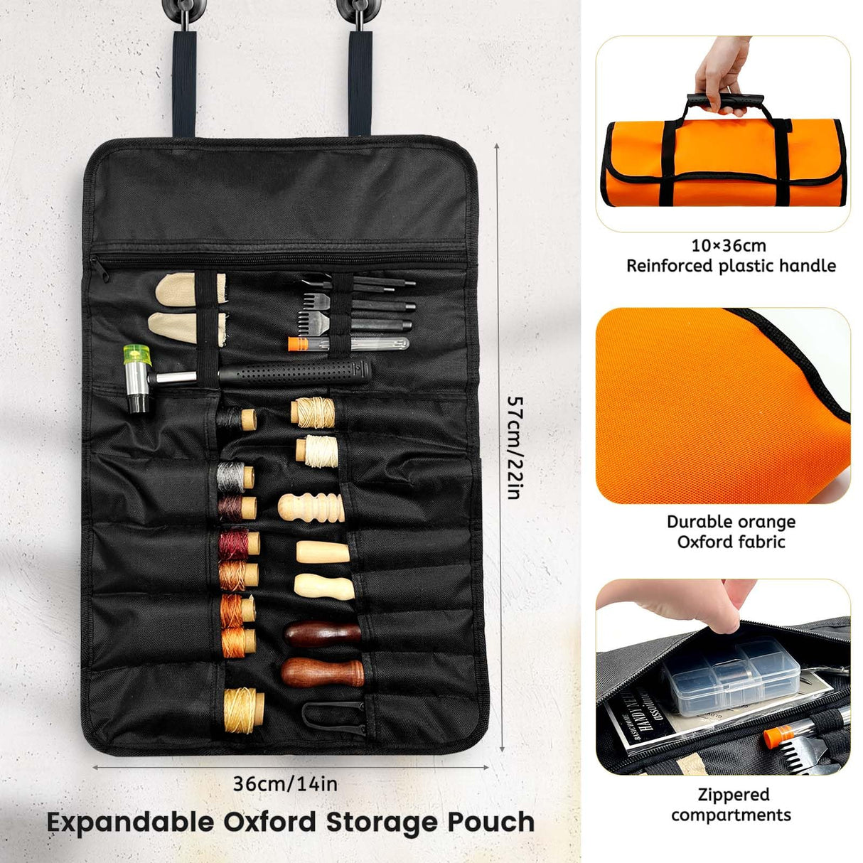 Daily Treasures 73pcs Leather Craft Kits with Portable Handbag, Leather Working Kit with 18 Punch Tool,Tracing Wheel,7 in 1 Groover,Awl,Waxed Thread,Needles,Tools for DIY Polishing Sewing Cutting Daily Treasures