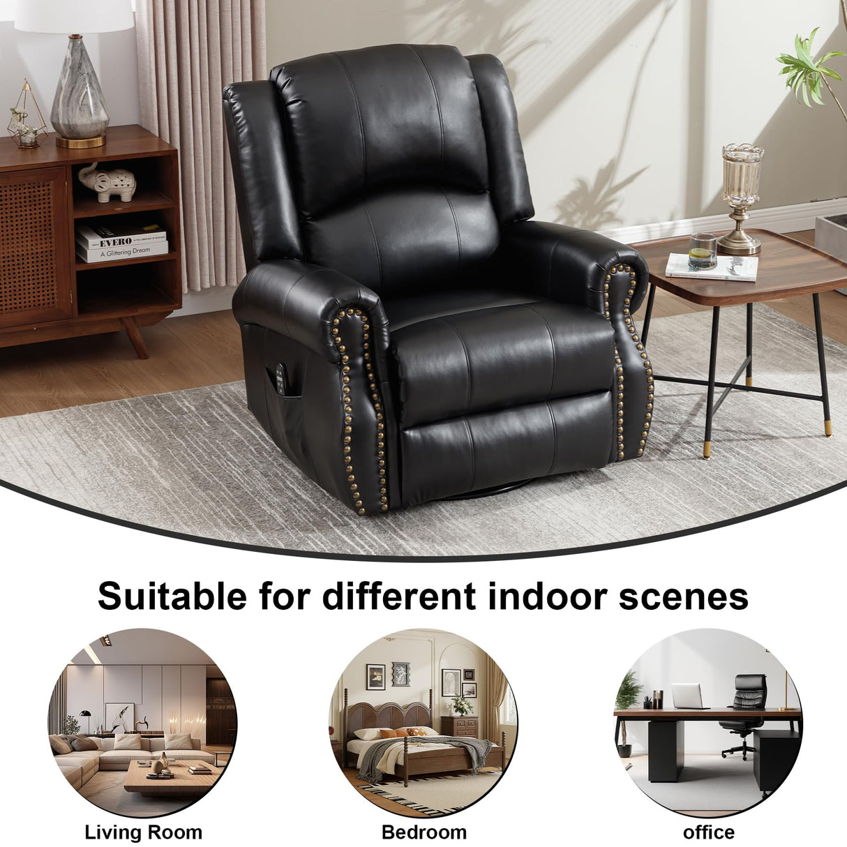 RHHVVR Classic Rivets Leather Power Recliner Chair for Living Rooms, Swivel Rocker Recliner Chair with Heat and Massage, Wall Hugger Glider Reclining Sofa for Small Spaces, Black RHHVVR