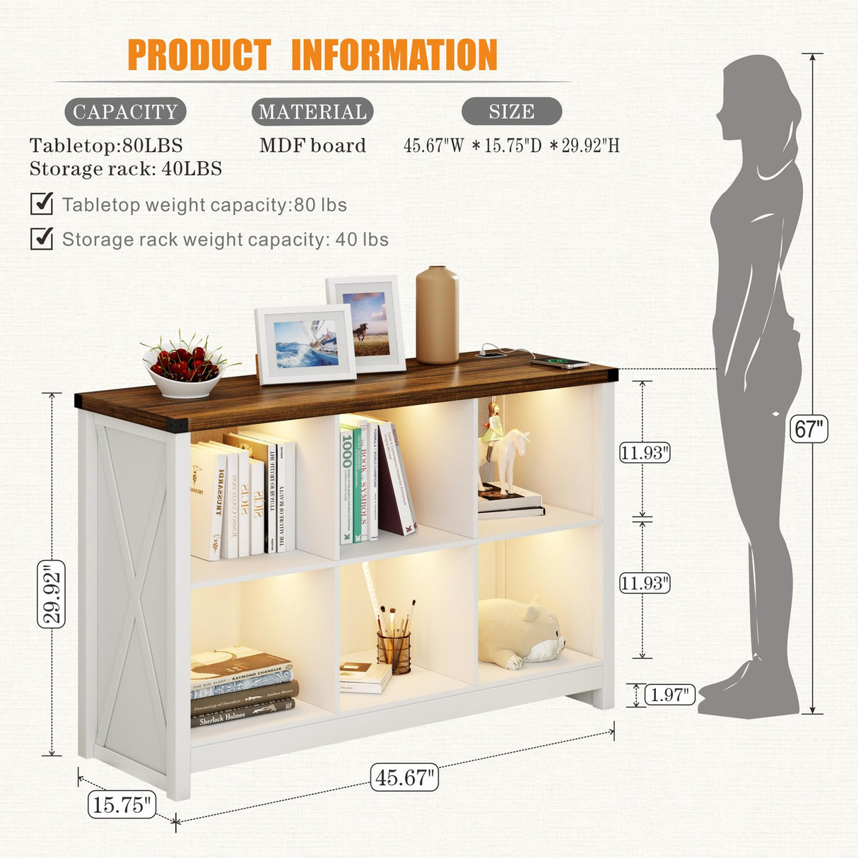 HWB Farmhouse 6 Cube White Bookcase with LED Lighting and Charging Station HWB