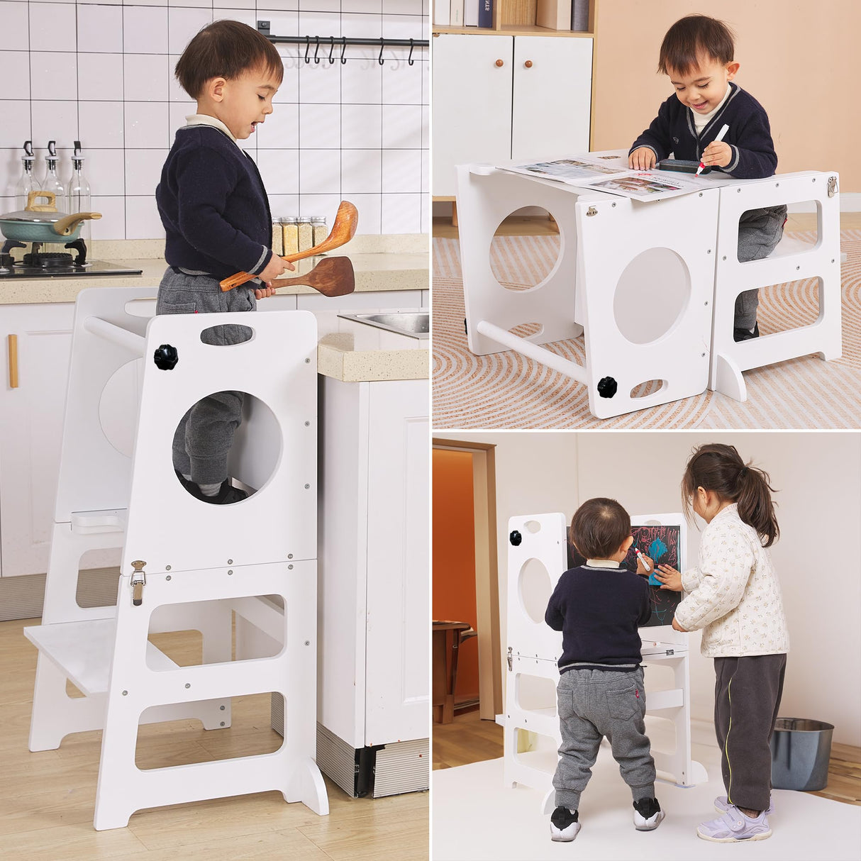 White Toddler Tower Step Stool for Kids Kitchen Stool Helper Toddler Standing Tower Foldable Toddler Table Kids Table and Chair Set 4 in 1 Montessori Helper Tower SHWWQUE