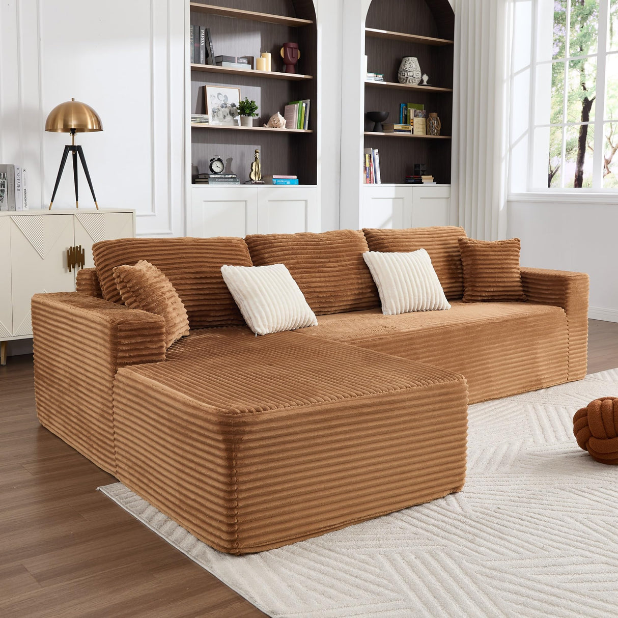 Opiesit 108" Boneless Couches for Living Room, Modular Sectional Sofa with Oversized Chaise, L-Shape Cloud Couch with Deep Seat, High-Density Memory Foam, No Assembly Required, Plush Corduroy Brown Opiesit