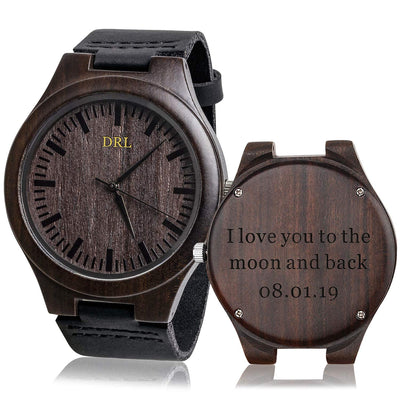KOSTING Personalized Wood Watches - Engraved Wood Men Watch Black Leather Band Boyfriend Husband Christmas Gifts