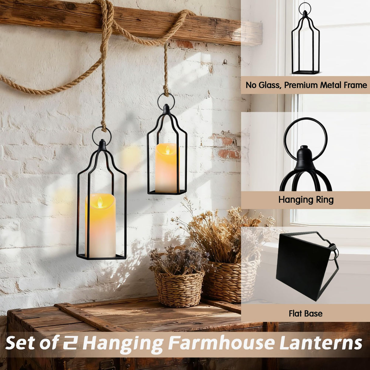 Rustic Farmhouse Decor Metal Lantern Set of 2 Decorative Lanterns for Home Indoor Outdoor Living Room, Fireplace, Patio, Wedding & Kitchen Table Centerpieces Gelazurem
