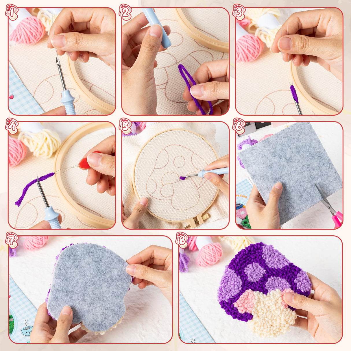 WATINC Mushroom Punch Needle Coaster Kit - 22Pcs Easy Art Work Decor Coasters Kits for Beginners, DIY Set of 6 Mushroom Pattern Tufted Rug Pads with Adhesive Felt Yarns Embroidery Hoop Instruction WATINC
