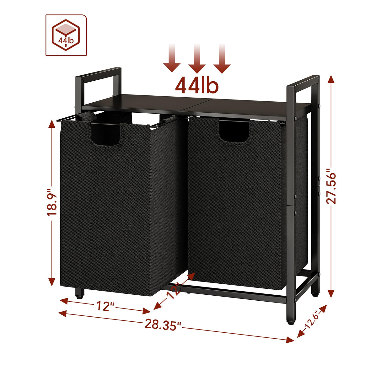 Kitstorack Laundry Basket Organizer, Laundry Hamper with Shelf & 2 Pull-Out Removable Bags, Dirty Clothes Hamper Organizer for Laundry Room Bathroom and Dorm, 2 x 11.8 gallons (44.5L) Kitstorack