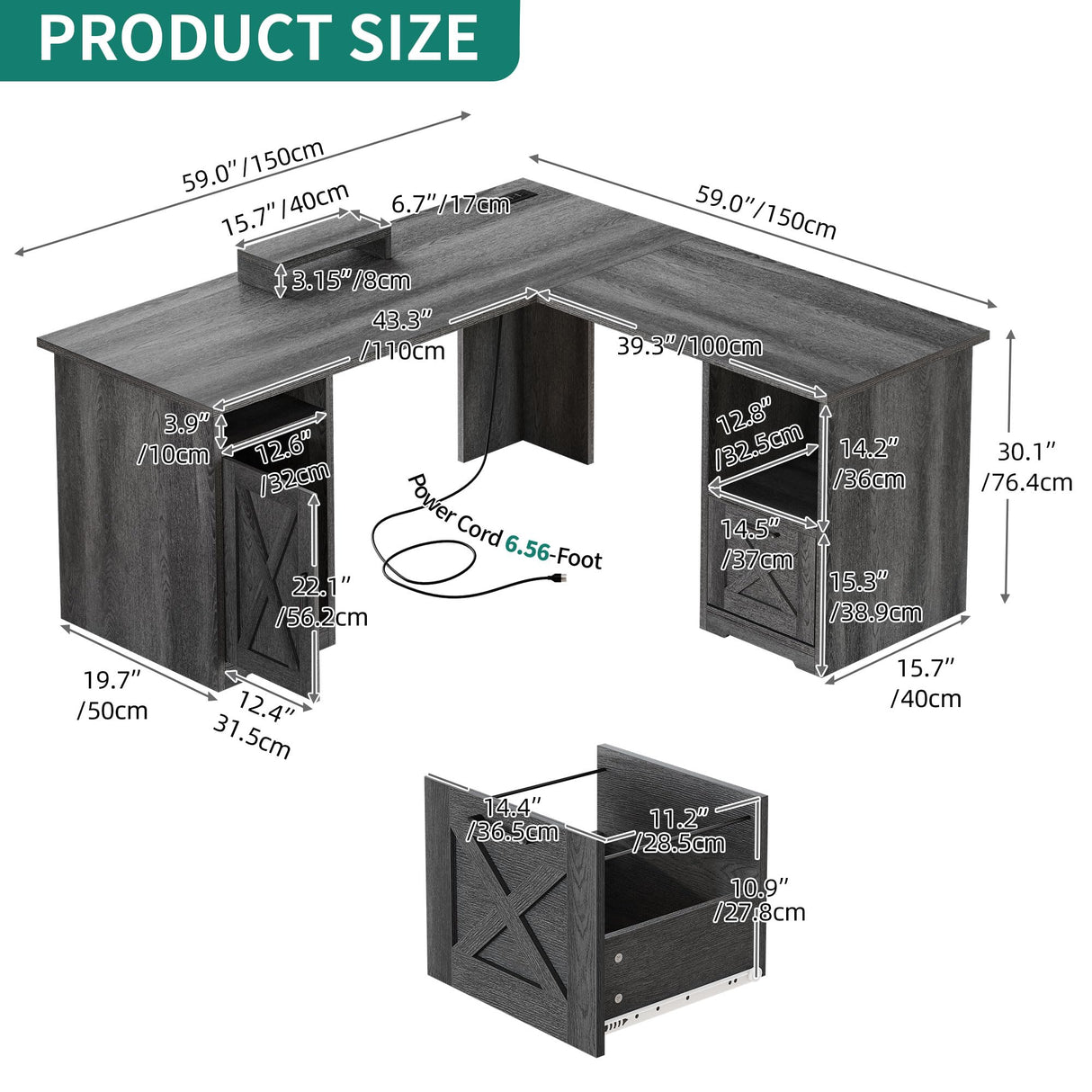 YITAHOME L Shaped Desk with Power Outlets, 60 Inch Computer Desk Corner Desk with File Drawer, Home Office Desk with Monitor Stand & Storage Shelves, L-Shaped Desk with File Cabinet, Grey YITAHOME