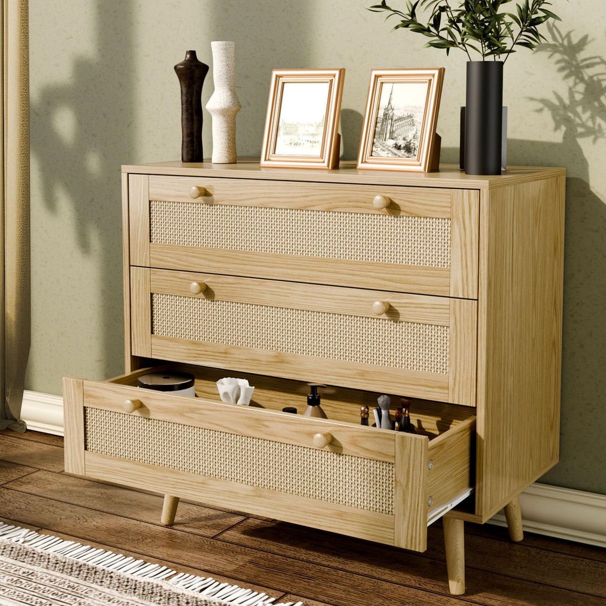 FURNIinspire 3 Drawer Dresser for Bedroom, Boho Dresser Chest with Handles for Bedroom Hallway Living Room FURNIinspire