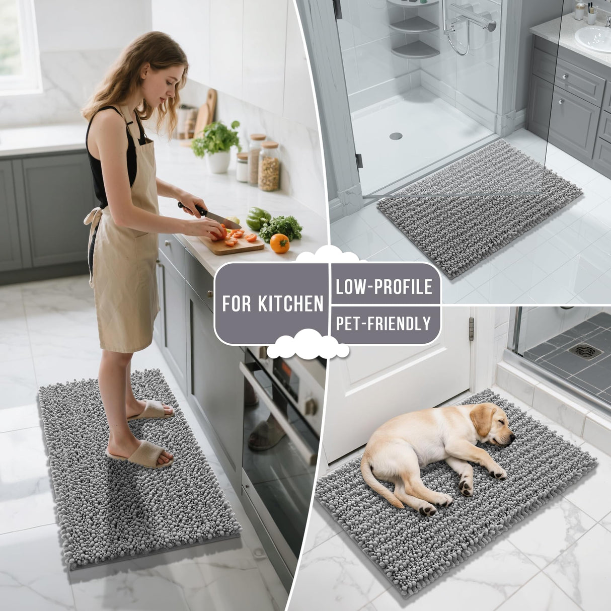 Yimobra Bathroom Rugs Non Slip Washable - Ultra Soft Absorbent Chenille Bath Mat, Quick Dry Shaggy Floor Carpet for Tub Shower, Gray Home Decor Accessories, 24x17 Inch Yimobra