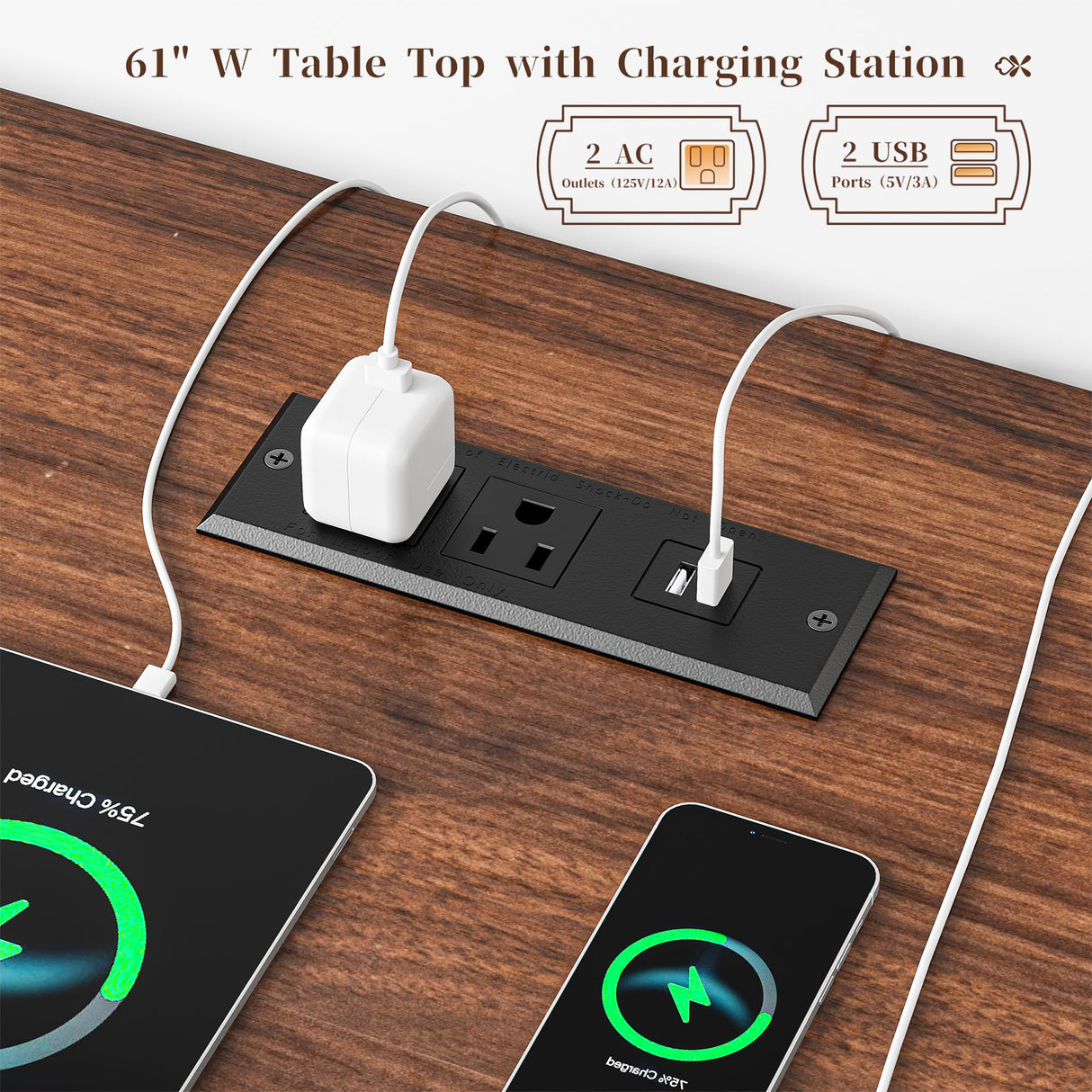 EnHomee 63" Farmhouse Style Computer Desk with Drawers and LED Lights, Storage Shelves and Power Outlets, Home Office Desks with Long Monitor Stand for Work, Study, Writing, Antique White. EnHomee