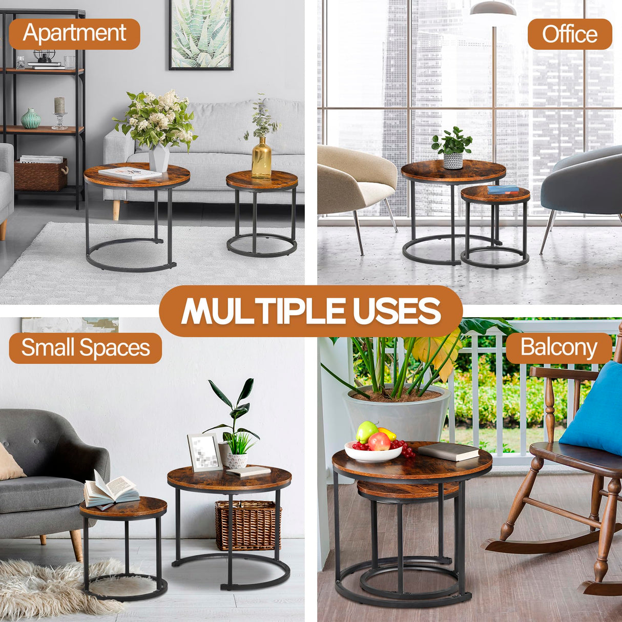 ZENY Nesting Coffee Table Set of 2, 23.6inch Round Coffee Table Wood Grain Top with Sturdy Metal Frame, Industrial End Table Side Tables for Living Room Bedroom Balcony Yard, Rustic Brown ZENY