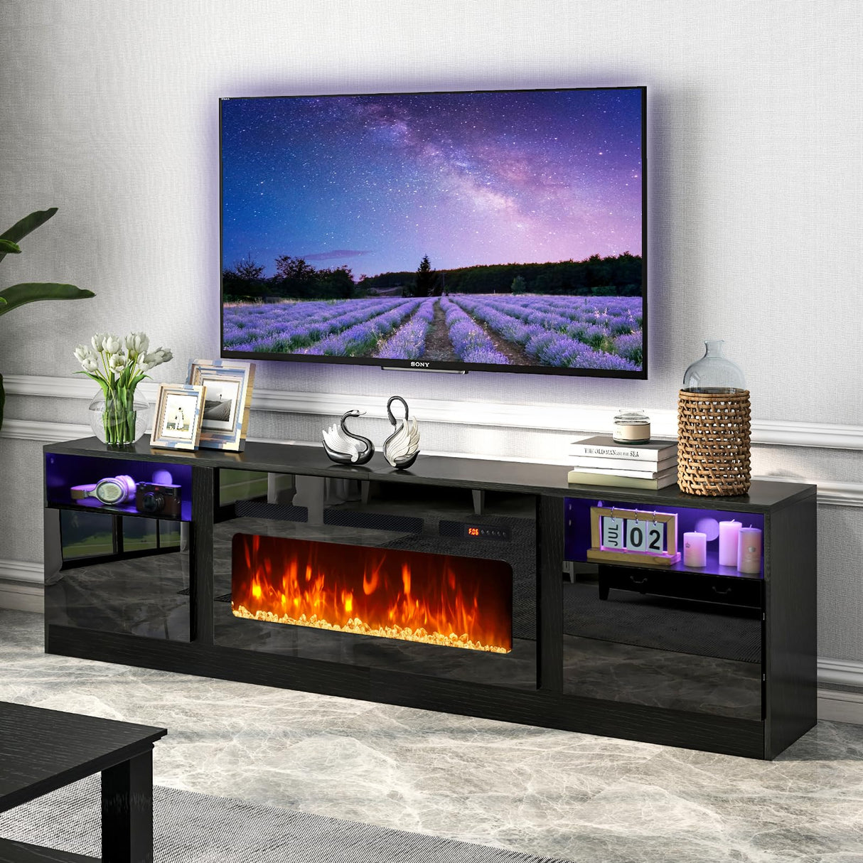 oneinmil Fireplace TV Stand with 36" Electric Fireplace, LED Light Entertainment Center with Modern Wood Texture, Highlight Storage Cabinet for TVs Up to 90", 79 inches, Black oneinmil