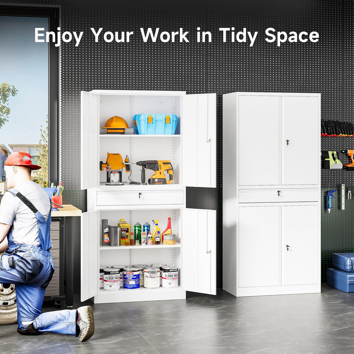 SISESOL Metal Garage Storage Cabinet with Doors and Shelves, 71" Multifunctional Garage Storage Closet Large Garage Locker with Adjustable Shelves & Locking Doors Steel Storage Tall Cabinet SISESOL