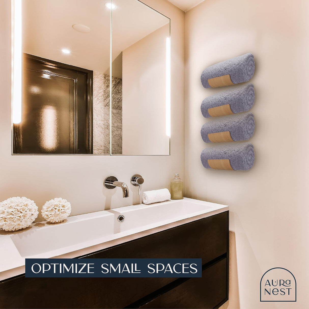 AURA NEST Set of 4 Towel Holder for Bathroom Wall, Modern Bamboo Wall Towel Rack for Rolled Towels, Sturdy Space-Saving Hanging Wood Towel Rack, Effective and Versatile for Spa, Guest Bath, Blanket AURA NEST