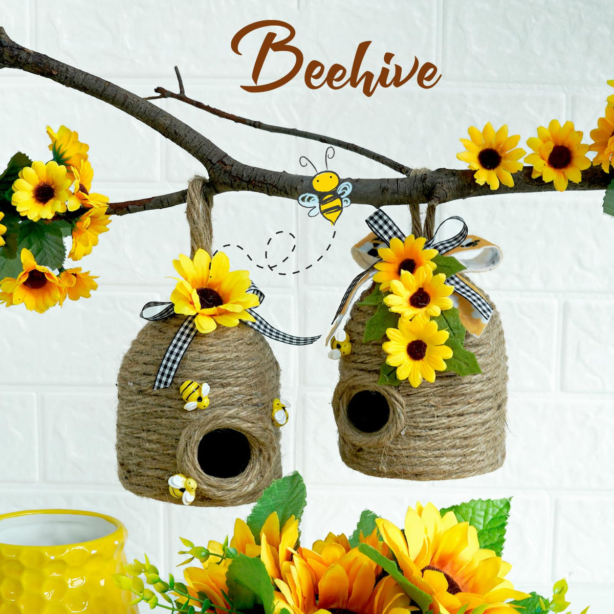 Bigger Bee Hive Decor,2 Pack Bumble Bee Rustic Decor Hive,Natural Bee House, Bumble Bee Theme Party Decor Spring Summer Rustic Farmhouse Kitchecn Table Decor, Honey Bee Tiered Tray Decor CRCZK