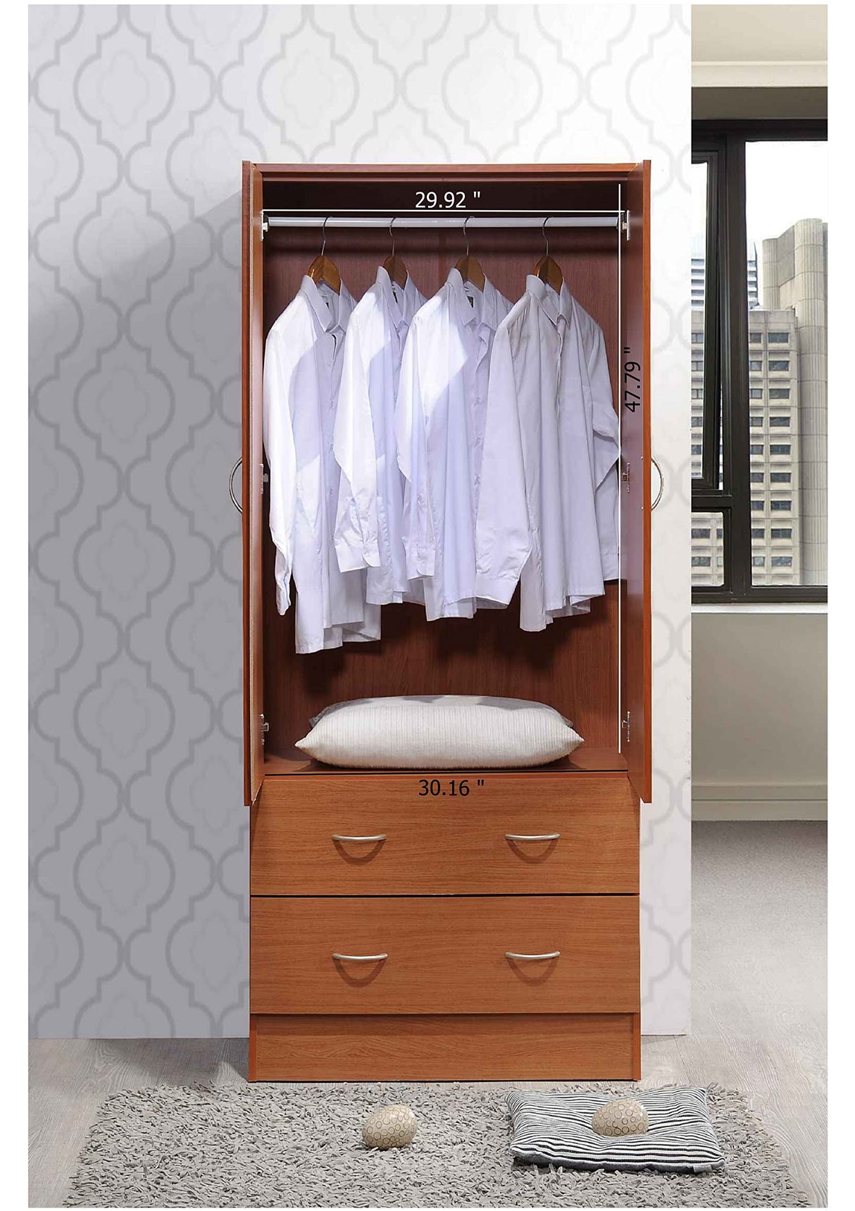 HODEDAH 2 Door Wood Wardrobe Bedroom Closet with Clothing Rod inside Cabinet and 2 Drawers for Storage, Cherry Hodedah