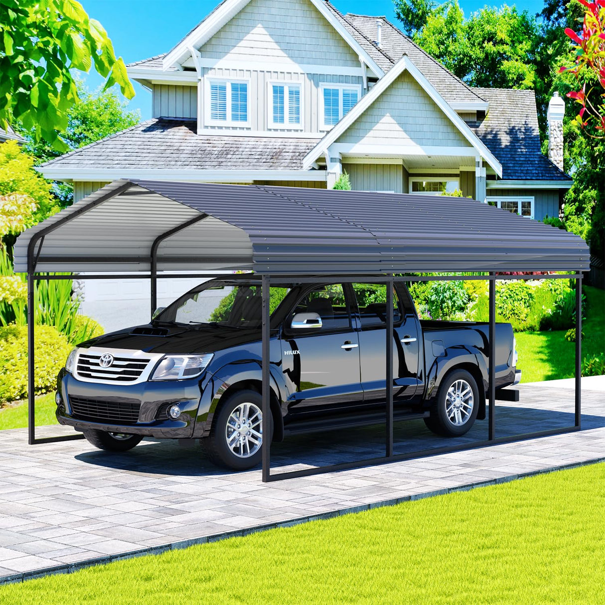 EBE 10 x 15 FT Metal Carport, Heavy Duty Carports with Galvanized Steel Roof, Outdoor Carport Canopy Garage Shelter Shade for Car, SUV, Truck, Boats and Tractors EBE