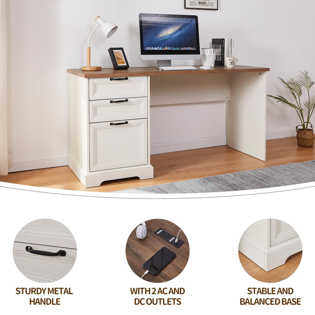 60"L-Shaped Executive Desk with 40"Adjustable File Cabinet,Farmhouse Home Office Desk with Charging Station,Office Desk with Storage Drawers,Wood Computer Desk Set for Office Work,Home Study LayBurst