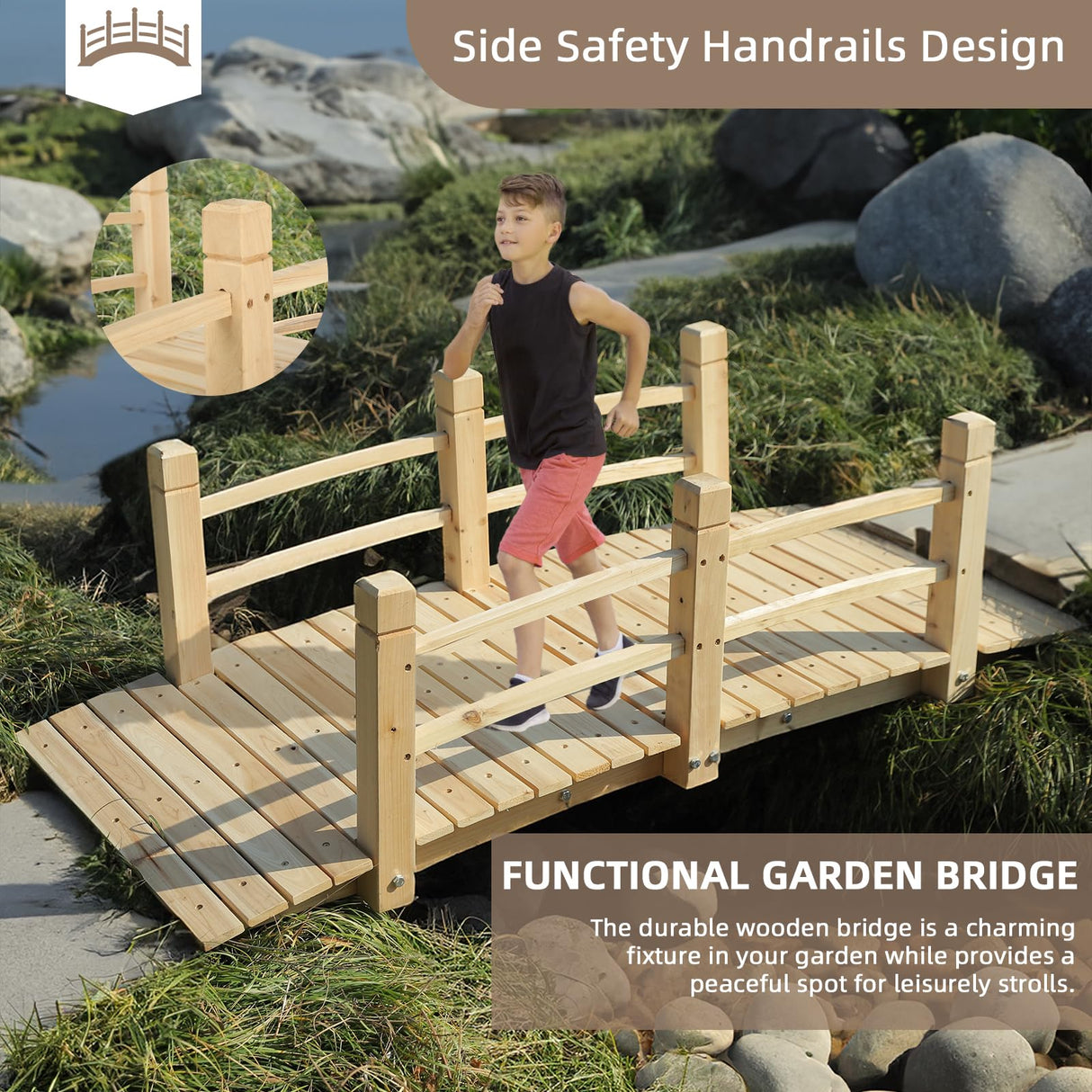 EPICOZY Wooden Garden Bridge Classic Wooden Arch Footbridge with Safety Railings, 530 lbs Capacity, Decorative Pond Bridge Landscaping for Outdoor Garden Yard Backyard Creek Farm, Natural EPICOZY