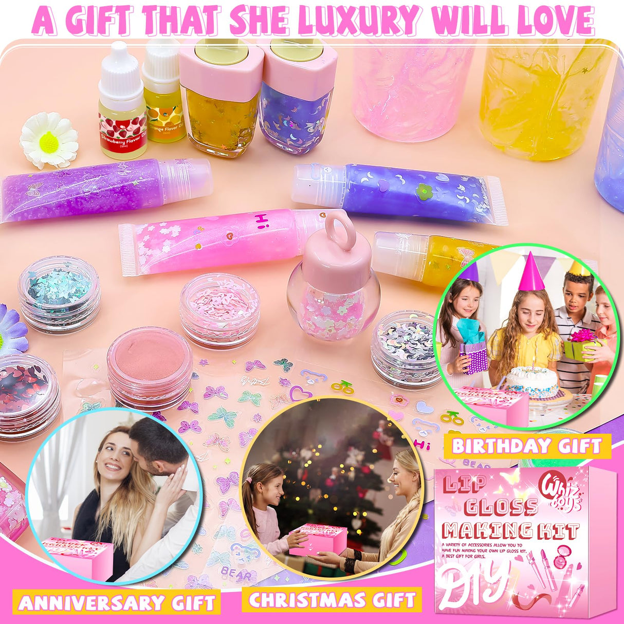 WhizToys DIY Lip Gloss Making Kit 74 PCS, Pink Kids Lip Gloss Supplies Set Beginner, Fun Craft Set Moisturizing Base, Birthday Gift Set for Girls, Kids, Teenagers, Women WhizToys