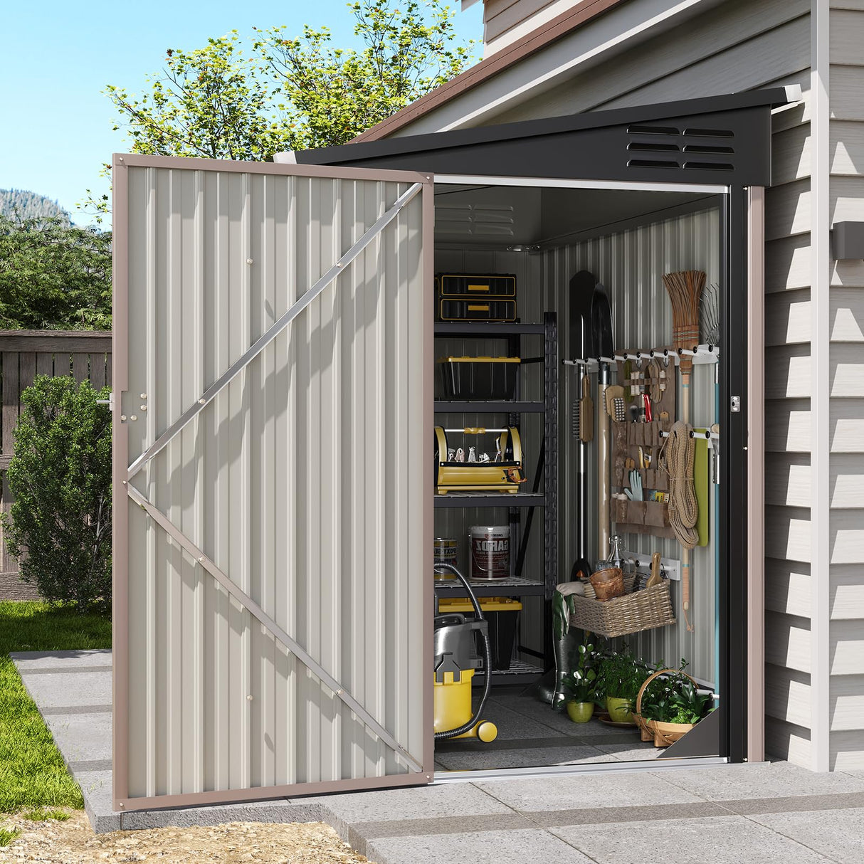 Breezestival 6'x4' Lean to Shed Galvanized Steel Storage Sheds with Side Door Waterproof Utility Shed with Sloped Roof for Mower, Bike, Garden Tools (Brown) Breezestival