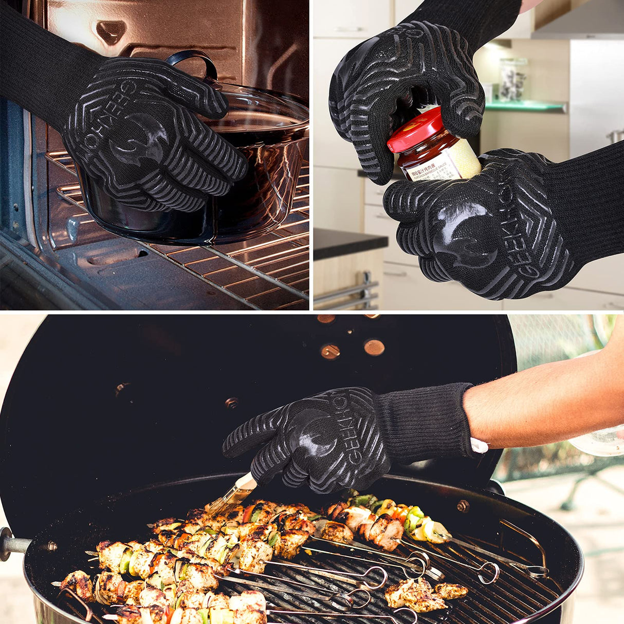 GEEKHOM BBQ Grill Gloves,1472β Heat Resistant Oven Gloves, EN407 Certified 13 Inch Flexible Barbecue Mitts Good Grip for Smoker, Baking, Cooking, Fire Pit, Black GEEKHOM