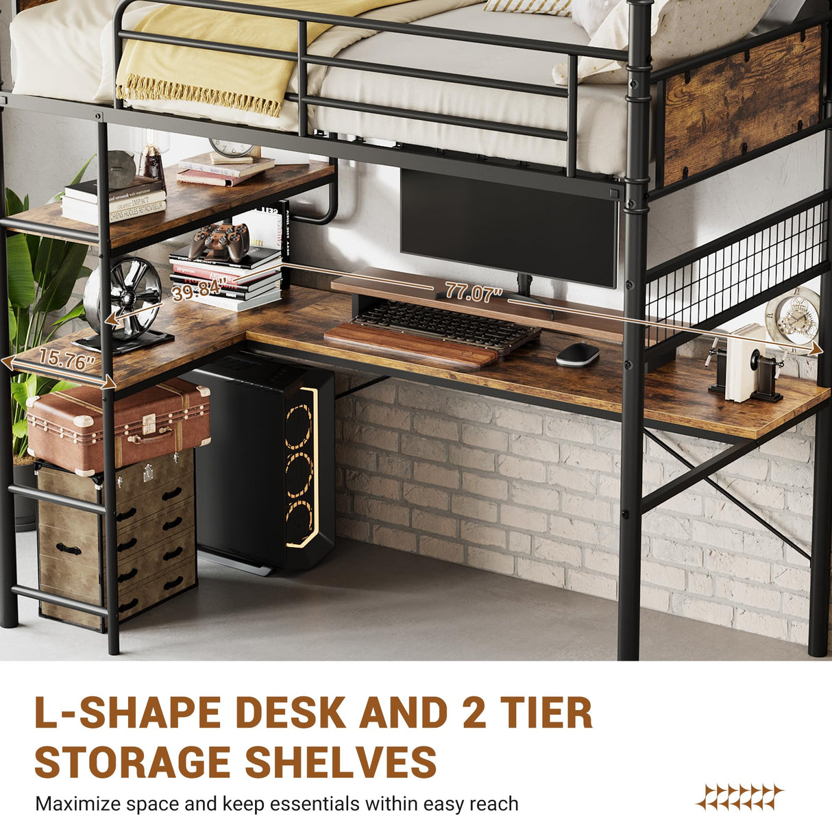 IDEALHOUSE Loft Bed Twin Size with l-Shaped Desk, Metal Bunk Bed with 2 Open Shelves and Decorative Mesh, Twin Loft Bed with 13.4" h Safety Guard & Ladder,No Box Spring Needed,Brown IDEALHOUSE