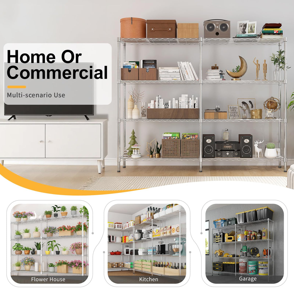 58''W*59.06''H*13.8" D L Shaped Adjustable Storage Shelves, 58''W 4 Tier Standing Shelf Unit, 1200LBS Metal Shelving for Storage, Heavy Duty Garage Shelf Pantry Rack Shelves Kitchen Shelving SESAISHEIR