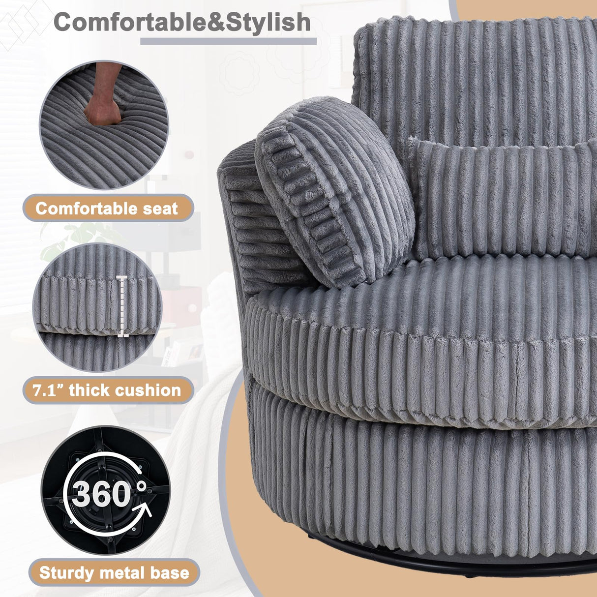 YABTOP Oversized Swivel Accent Barrel Chair with Pillows,Modern Round Plush Cuddler Reading Chair Comfy for Bedroom Living Room,Corduroy Gray YABTOP