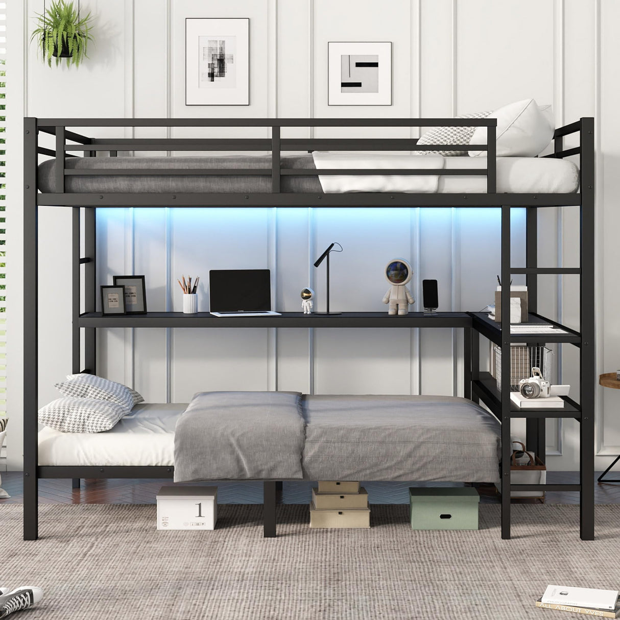 Bellemave Twin Over Full XL bunk Bed, bunk Bed with Desk, loft Bed with Desk and Shelves, Twin Over Full Metal Bunk Bed, Bunk/Loft Bed with LED and USB, Black Bellemave