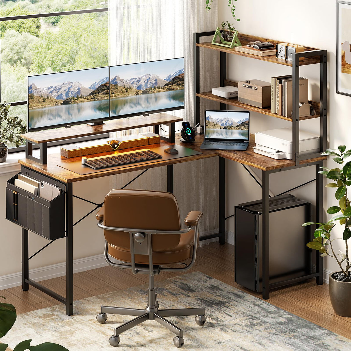 Homieasy 47 Inch Reversible L Shaped Computer Desk with Bookshelf & LED Light in Rustic Brown Homieasy