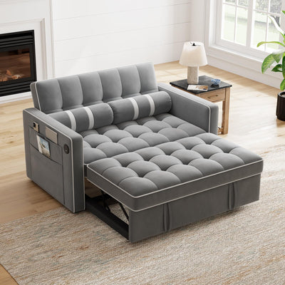 Marsail 3-in-1 Convertible Futon Sleeper Sofa Bed, Pull Out Couch with Adjustable Backrest, USB Charging & Side Pockets, Velvet Fabric Sofa for Living Room, Apartment, Loveseat, Grey