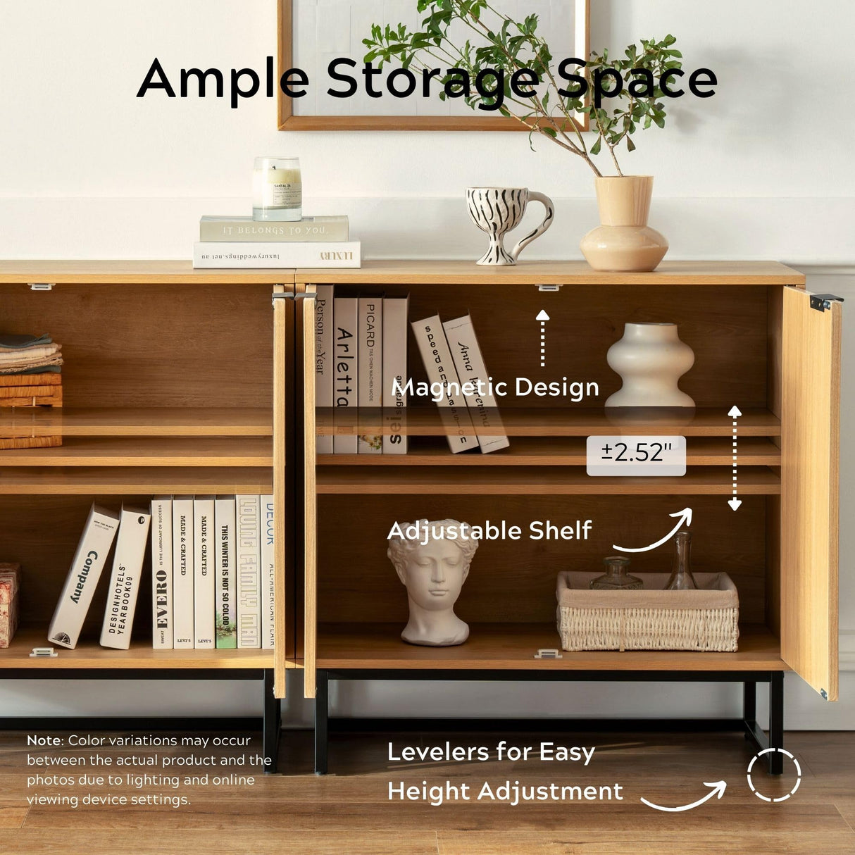 EYYTHUNG Fluted Storage Cabinet Set of 2, Sideboard Buffet Cabinet Modern Accent Cabinet with Adjustable Shelves, Credenza, Console Table Entryway Cabinet for Living Room, Natural Oak EYYTHUNG