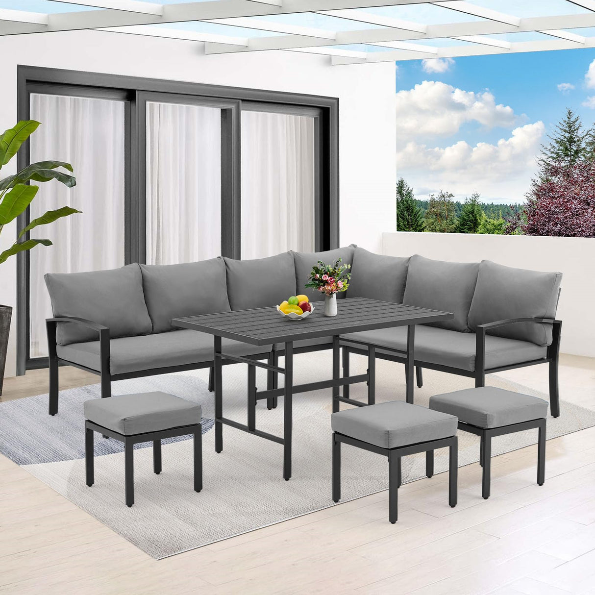 U-MAX Outdoor Patio Furniture Set, 7 Pieces Modern Metal Patio Furniture Set with Waterproof, Outdoor Dining Sofa Set with Table&Chair, Gray Cushions for Balcony, Porch, Lawn, Gray U-MAX