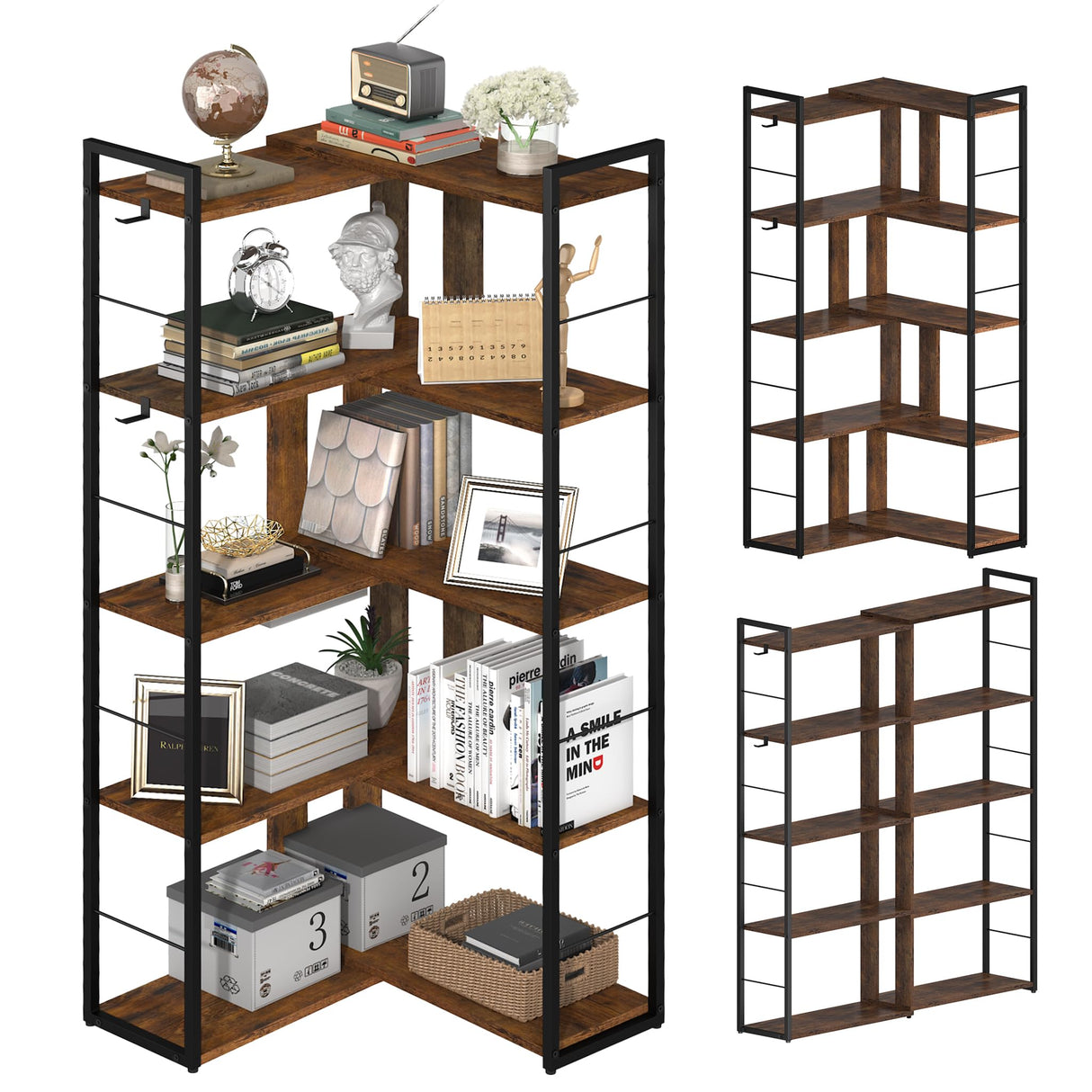 RKVPCNE 5 Tier L Shaped Bookshelf Wood Bookcase with 2 Hooks Modern Corner Bookshelf Library Industrial Shelving Book Case Adjustable Book Shelves for Bedroom Living Room Home Office Rustic Brown RKVPCNE