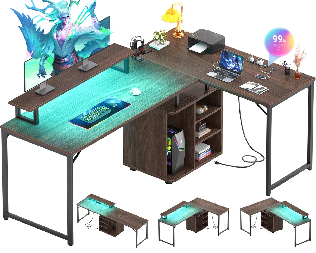 Cyclysio L Shaped Gaming Desk with Wood Cabinet, 58" Large Corner Desk with LED Lights & Power Outlet, Reversible Computer Desk with Monitor Stand, Home Office Desk 2 Person Corner Desk,Rustic Walnut Cyclysio