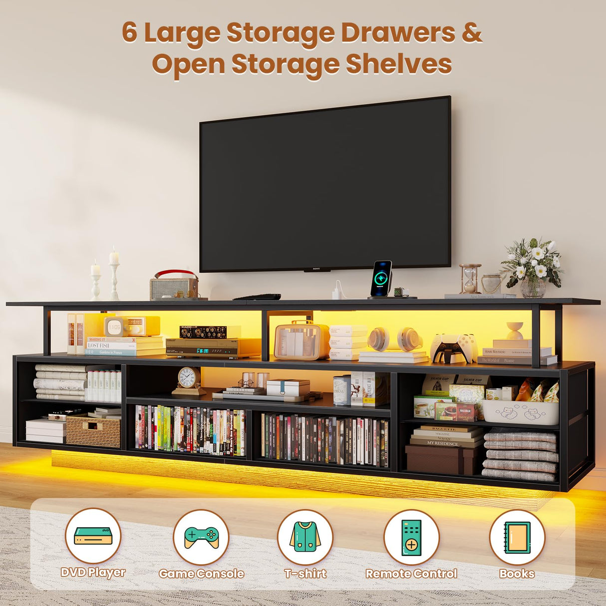 BTHFST TV Stand for 65 70 Inches TV with LED Lights & Power Outlets, Entertainment Center with Open Shelves & 6 PU Fabric Drawers, TV Media Console Table for Living Room, Bedroom, Black BTHFST