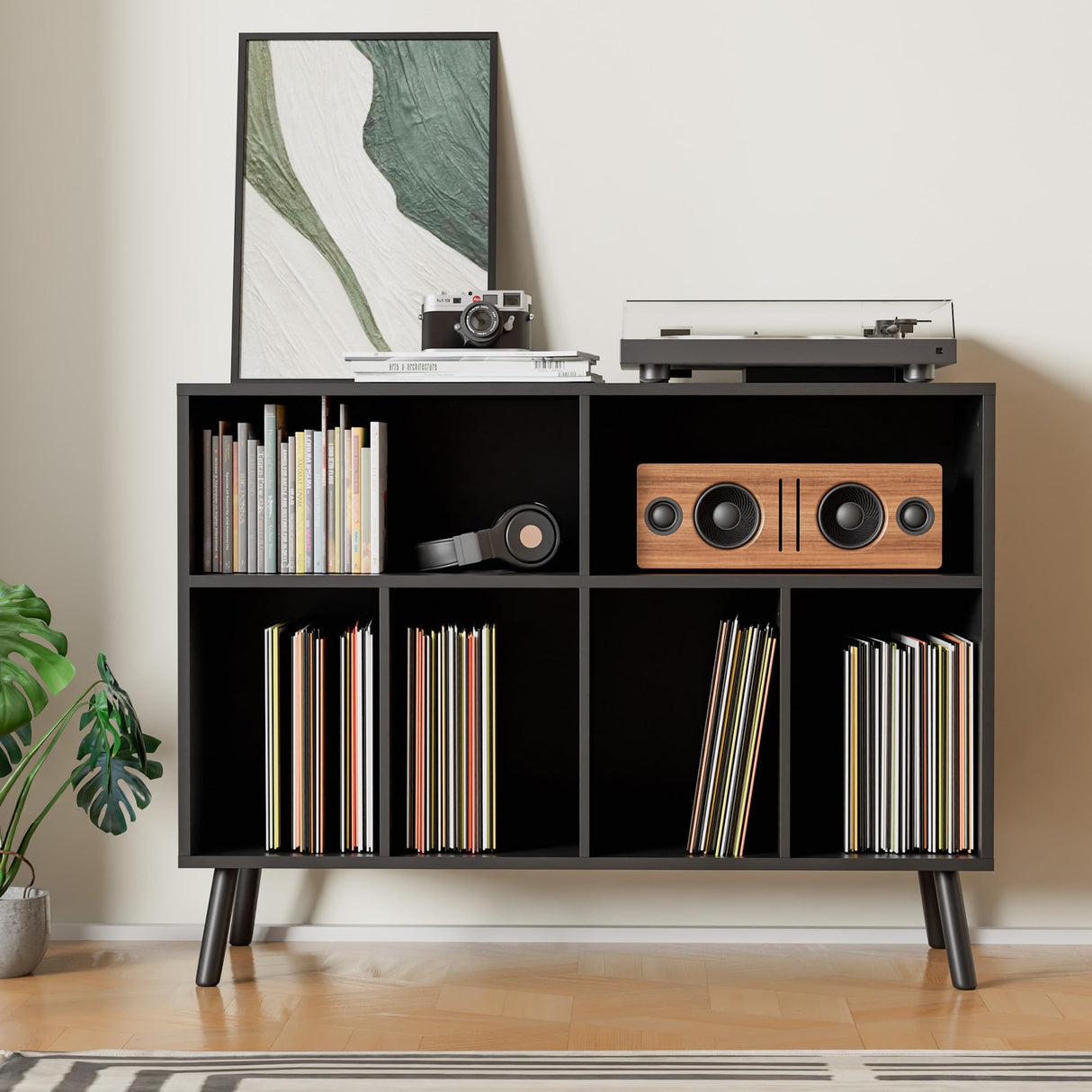 Cozy Castle Record Player Stand, Turntables Stand with Vinyl Record Storage Holds up to 350 Albums, Record Stand Table for Bedroom, Living Room, Office, Black Cozy Castle