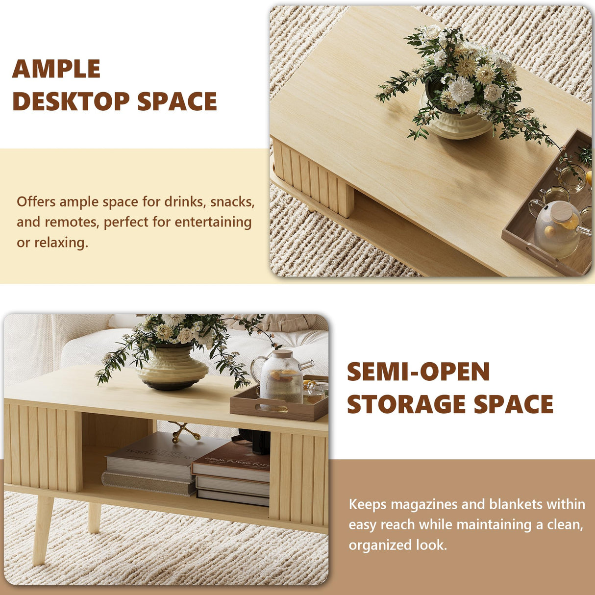 LAZZO Coffee Table with Storage Center Table for Living Room Rectangle Coffee Table with Rounded Edges,Easy Assembly, Natural Wood LAZZO