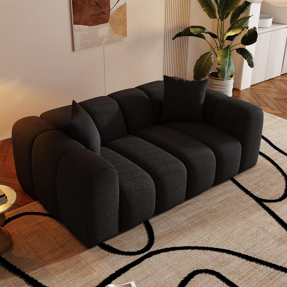 WHGBJA 70" Modern Chenille Fabric Sofa Couch – One-Piece Memory Foam 3-Seater Sofa with Rounded Arms, Soft & Cozy Upholstery for Living Room (Black) WHGBJA