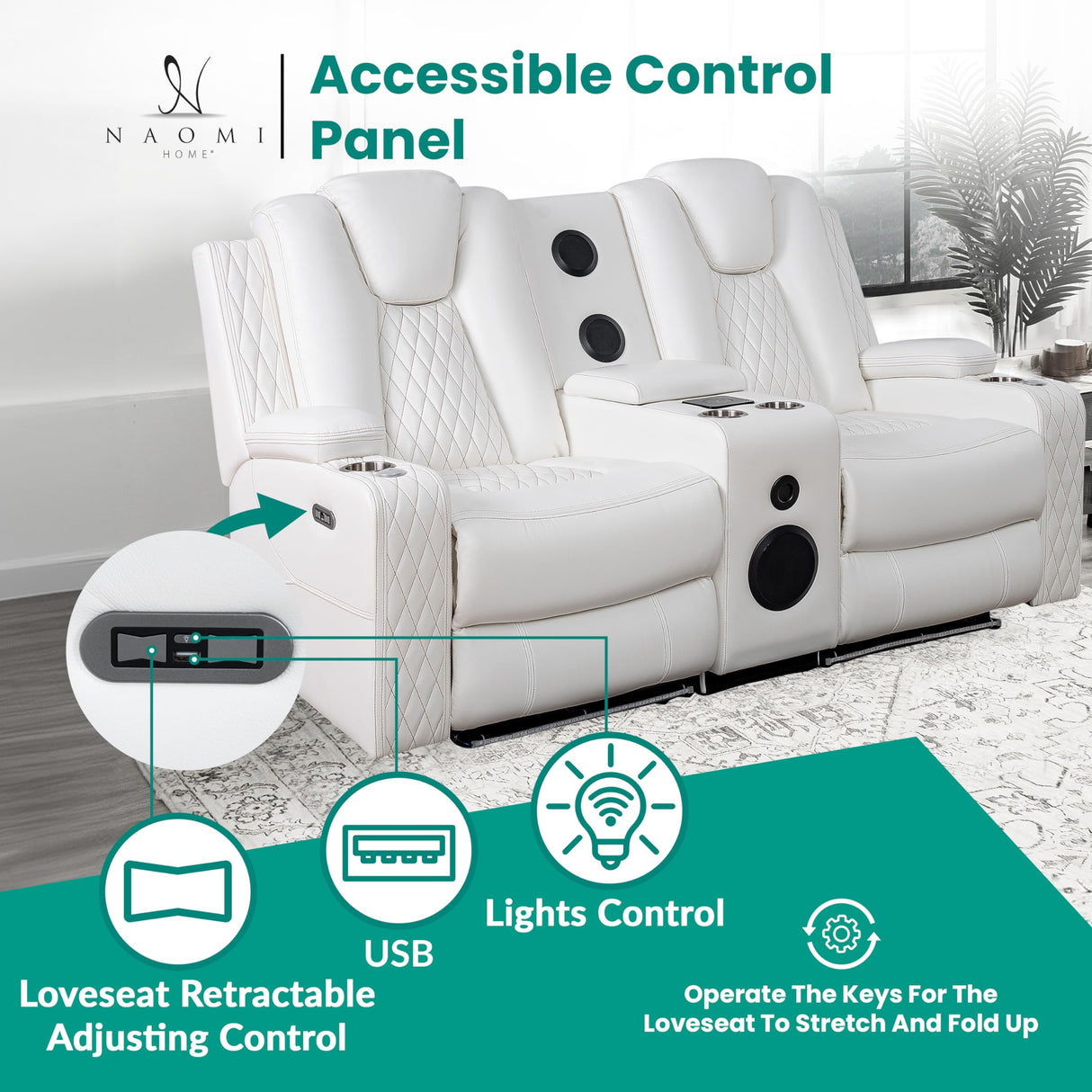 Naomi Home Chicago Power Loveseat Recliner Sofa & Home Theater Seating with Wireless Charging Electric Recliner RV Sofa with USB/Cup Holders/Storage/LED Light/Speaker, White/Air Leather Naomi Home