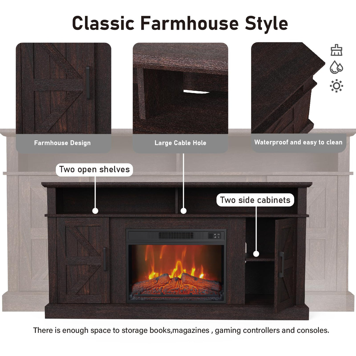 Luban Nese Fireplace TV Stand for TVs Up to 65" with 23" Electric Fireplace, Entertainment Center with Storage Cabinet and Open Shelves, Media Console with Barn Doors for Living Room (Espresso) Luban Nese