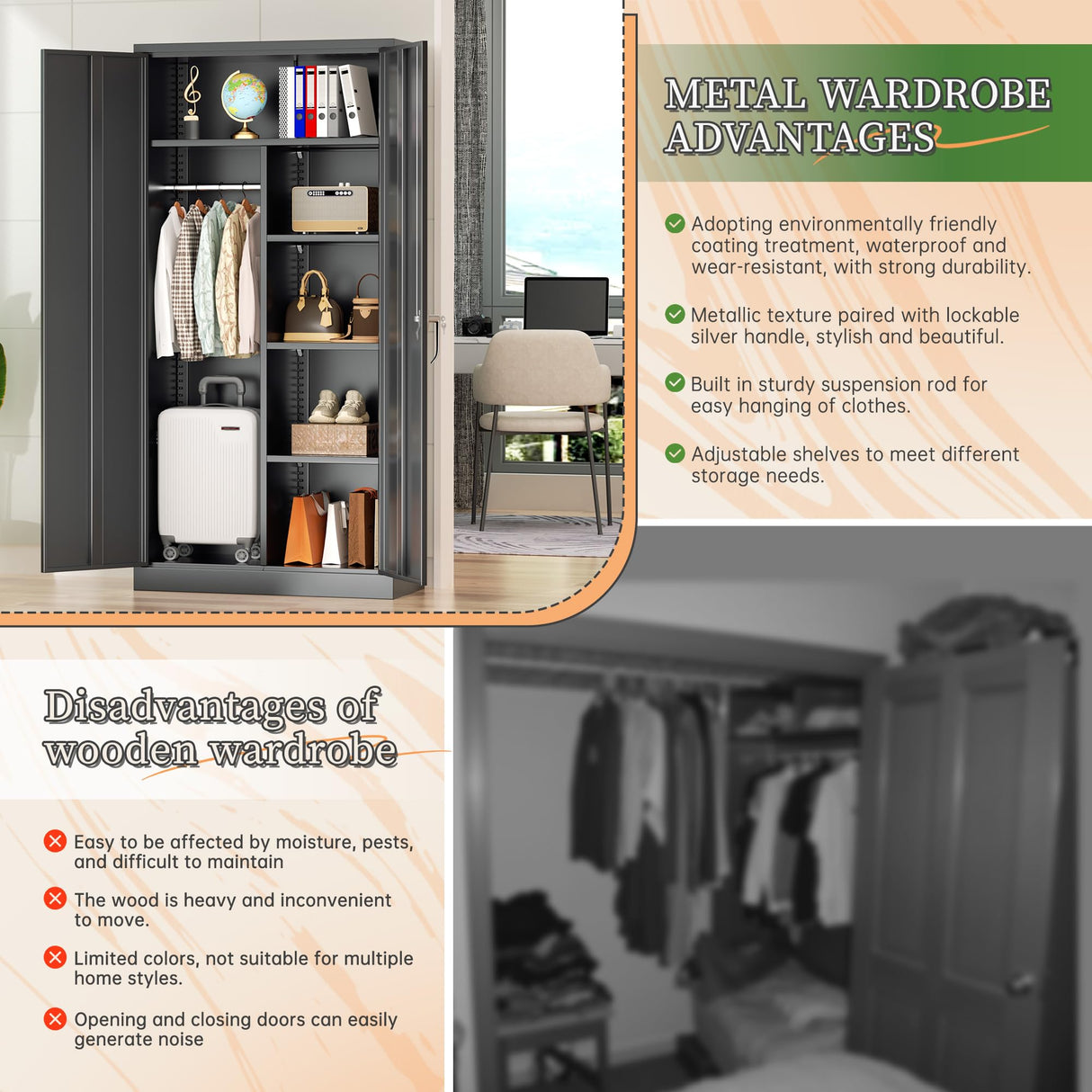 Greenvelly Metal Wardrobe Cabinet with Locking Doors, 72"H Black Metal Wardrobe Closet with Hanging Rods and Adjustable Shelves, Clothing Storage Closet for Home, Office, Employee, Gym (18" D x 36” W) Greenvelly